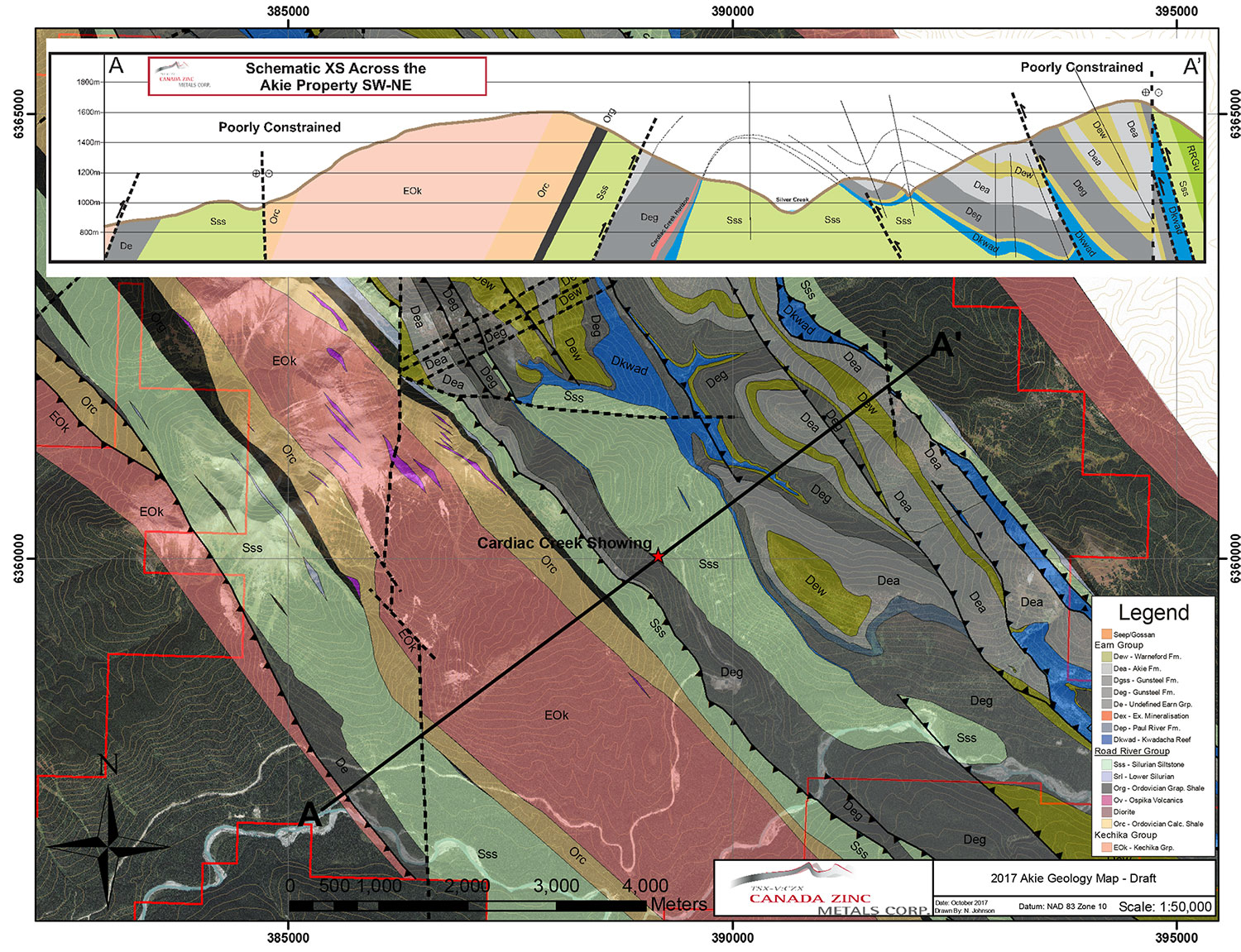2017 Akie property geology map with schematic cross-section showing thrust panels, the Gunsteel Formation, and the Cardiac Creek showing