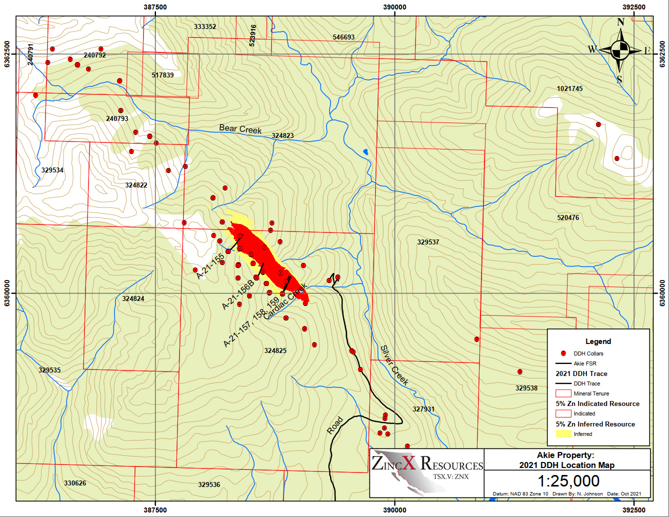 2021 drill hole location map of the Akie property showing drill collars, traces, the Akie FSR road, mineral tenure, and the 5% zinc indicated and inferred resource footprints around Cardiac Creek.
