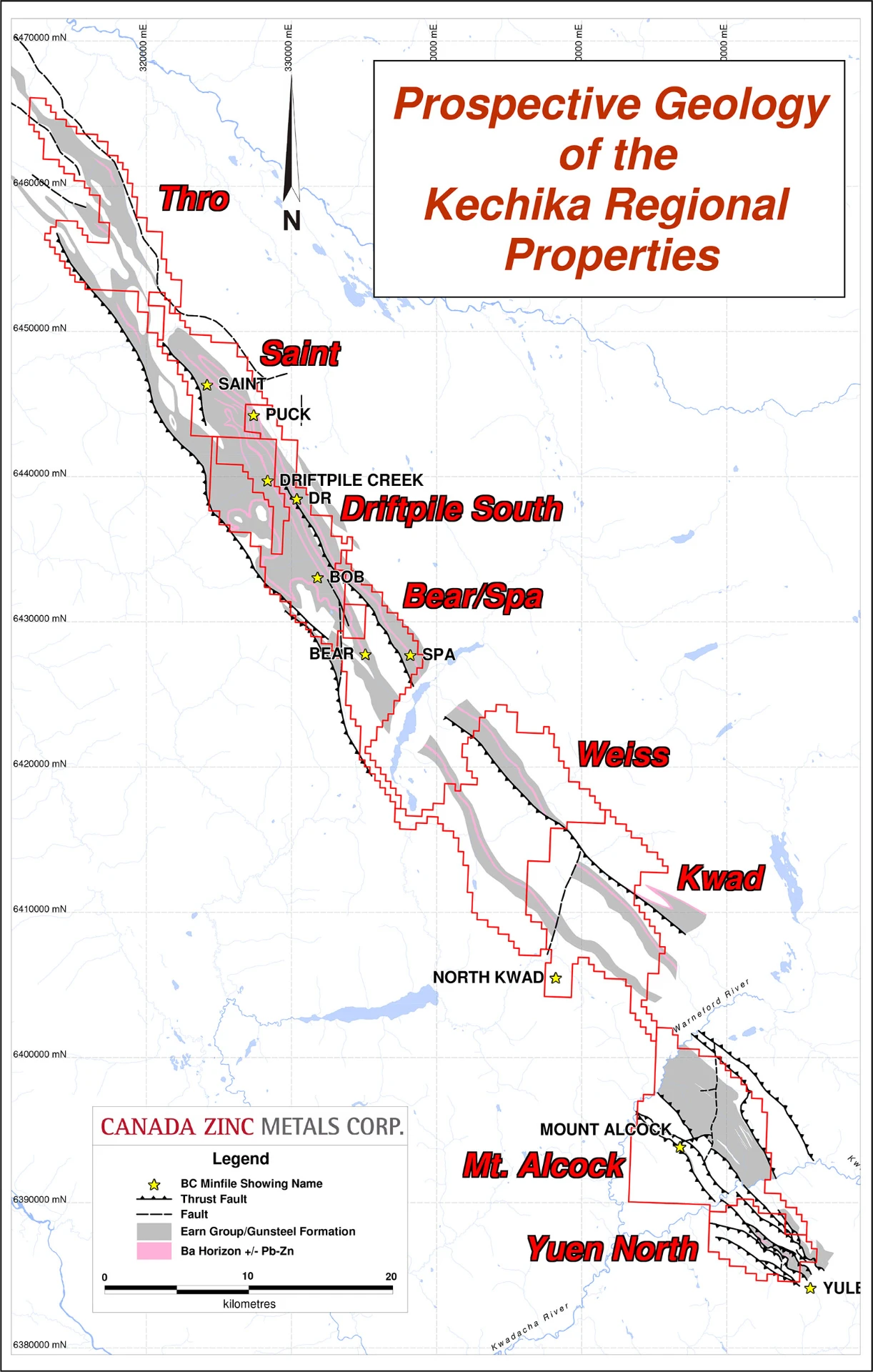Prospective geology of the Kechika Regional Properties map showing the Thro, Saint, Driftpile South, Bear/Spa, Weiss, Kwad, Mt. Alcock, and Yuen North property blocks