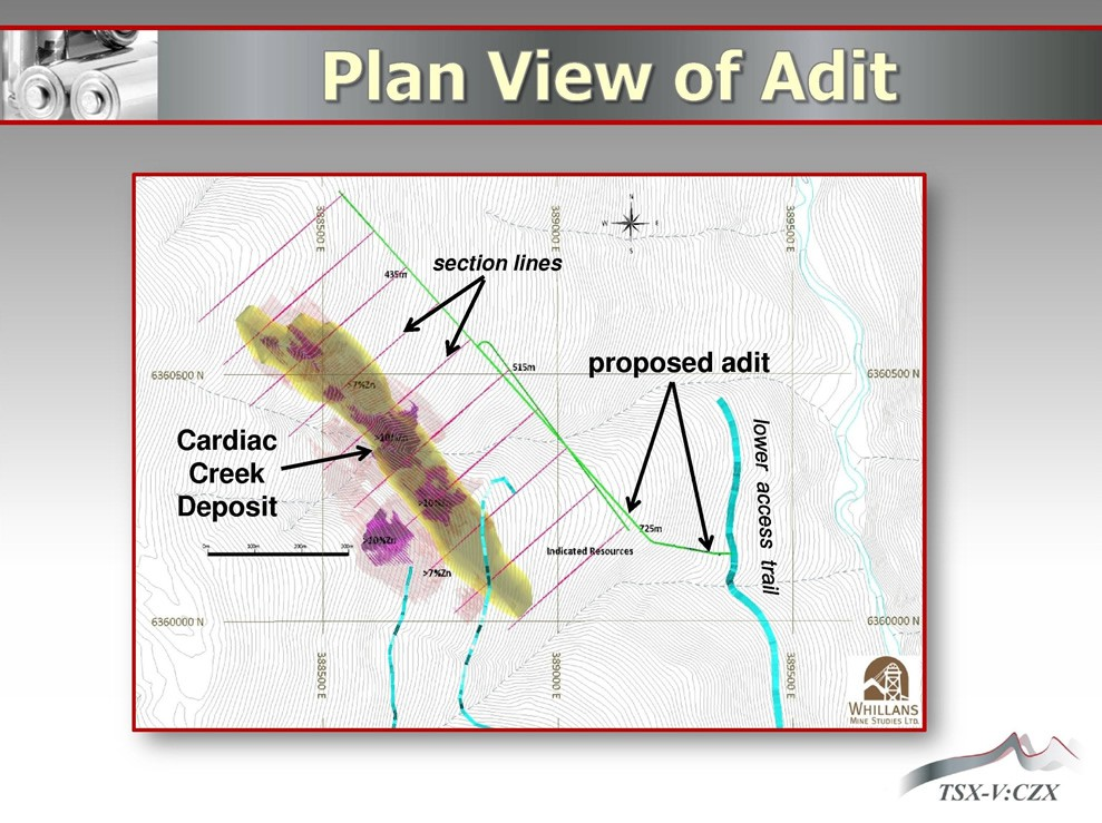 Plan view of the proposed adit with section lines and the lower access trail relative to the Cardiac Creek deposit.