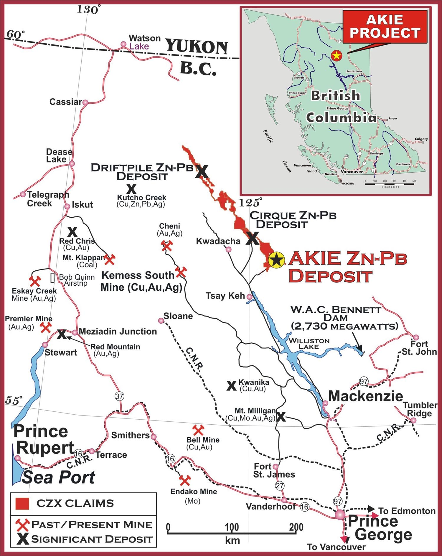Regional map of northern British Columbia showing CZX claim blocks, significant zinc-lead-silver deposits, past and present mines, and the major road and rail routes connecting the Akie property to Mackenzie and Prince George.