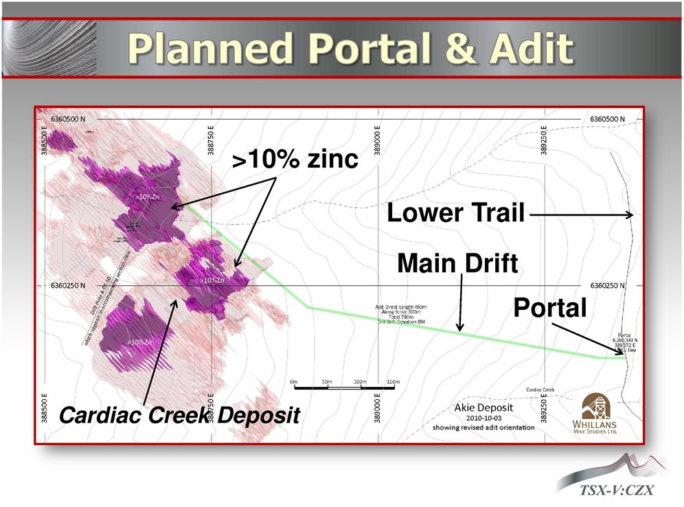 Planned portal and adit plan showing the Cardiac Creek deposit, main drift, lower trail and portal location.
