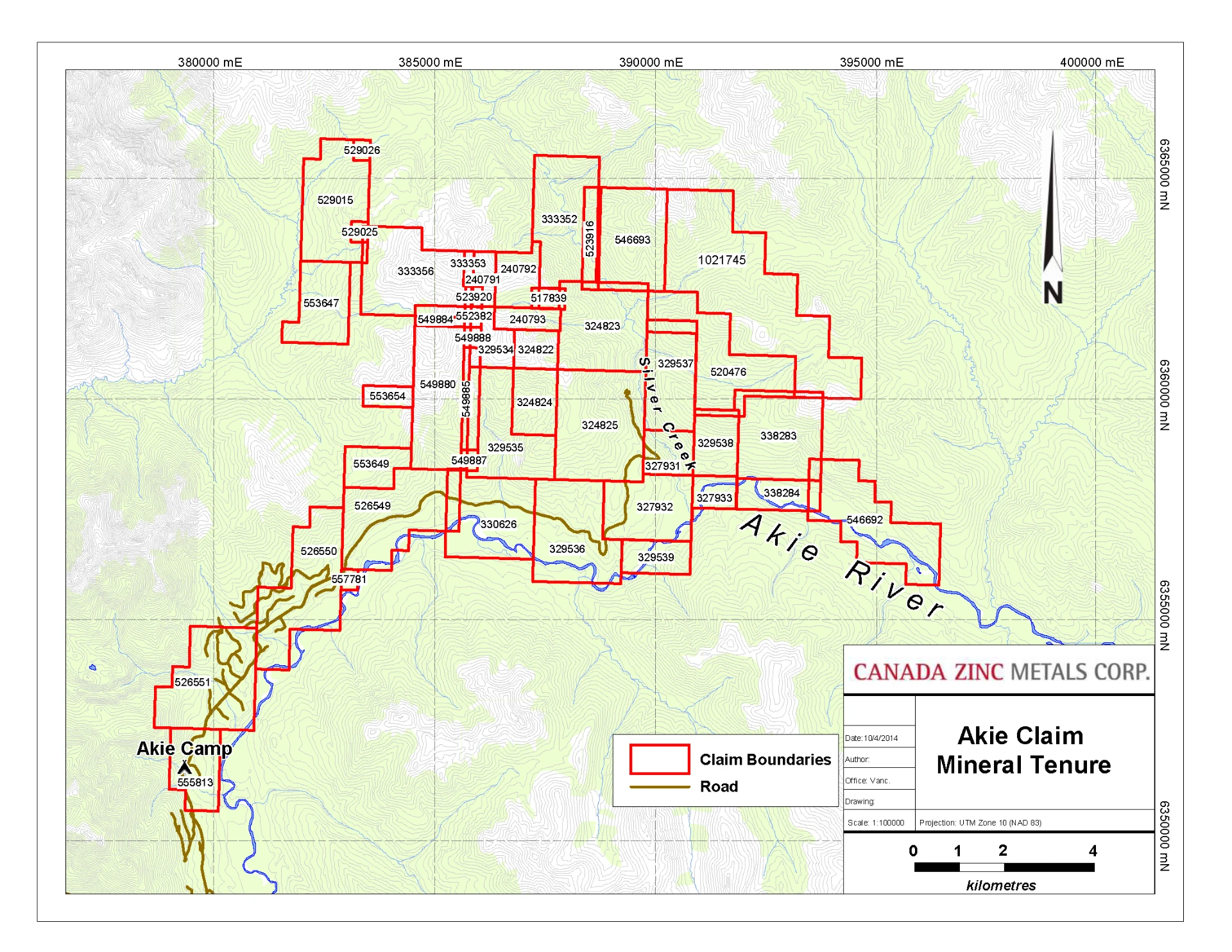 Akie claim mineral tenure map showing claim boundaries, roads, the Akie River, and Akie Camp