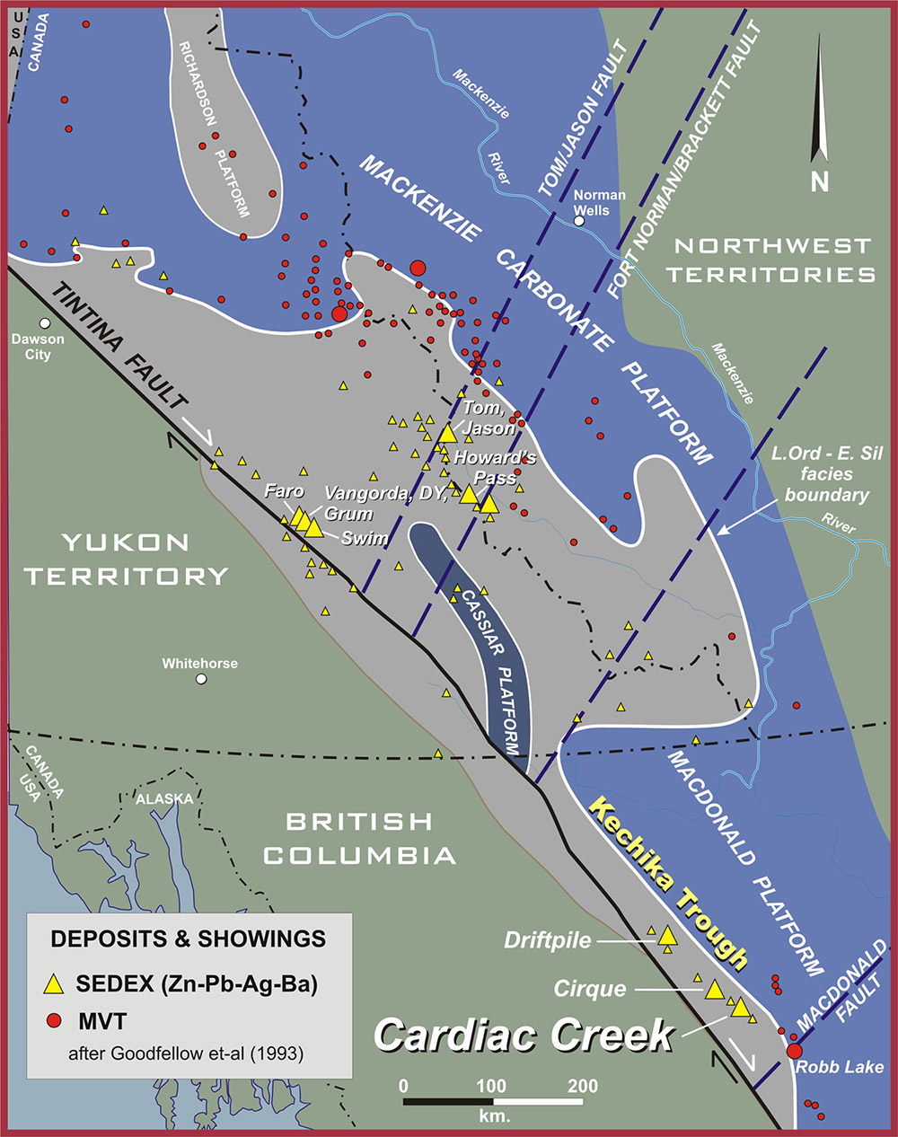 Regional map of SEDEX and MVT deposits and showings across the Selwyn Basin, Mackenzie Carbonate Platform and Kechika Trough in Yukon and British Columbia, marking Tom, Jason, Faro, Cirque, Driftpile and Cardiac Creek (after Goodfellow et al., 1993)
