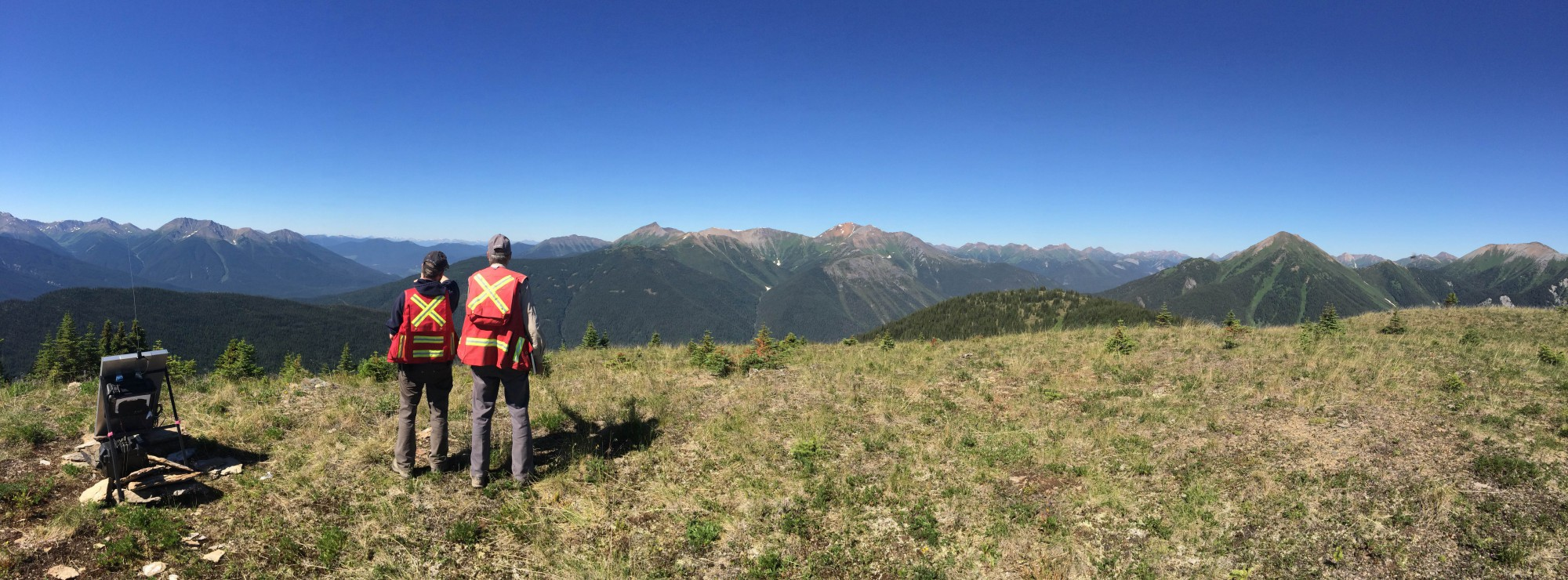 Overview shot of the Akie property looking west with John Degrace (BC Regional Geologist)