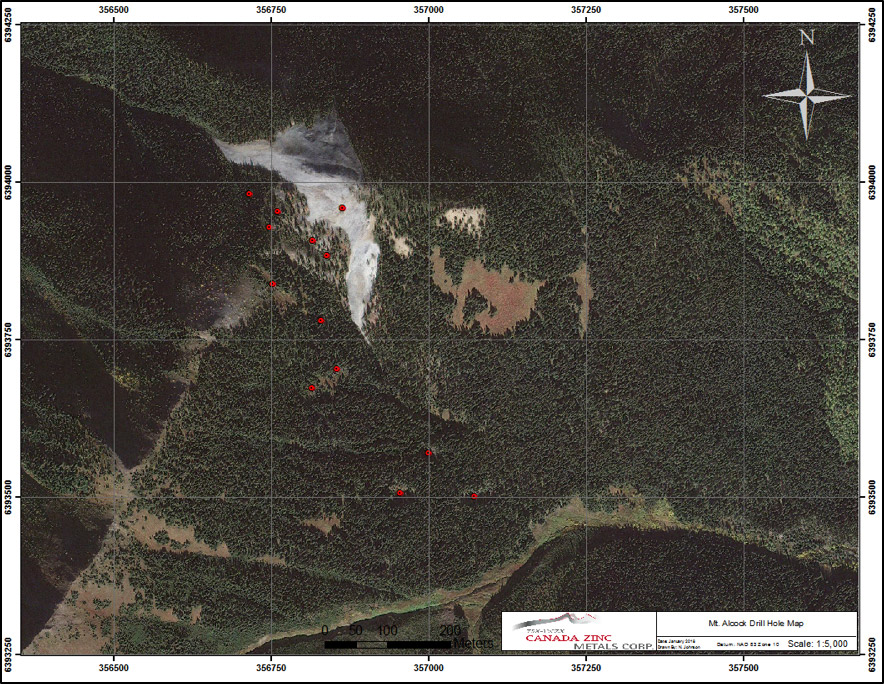 Drill hole location map on the Mt. Alcock property