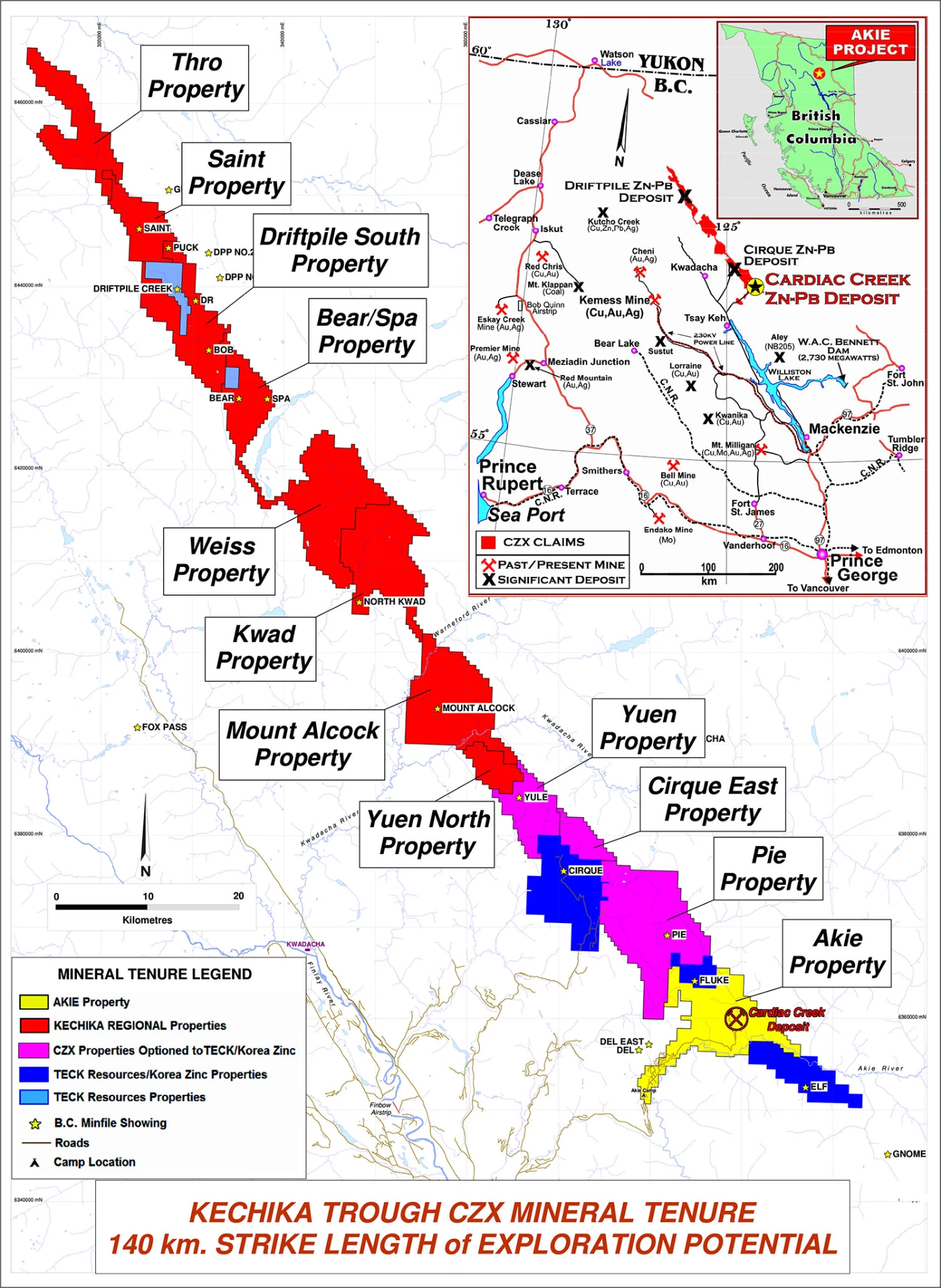 Kechika Trough CZX mineral tenure map showing the eleven Kechika Regional property blocks and the Akie property along 140 km of strike length, with the regional infrastructure inset
