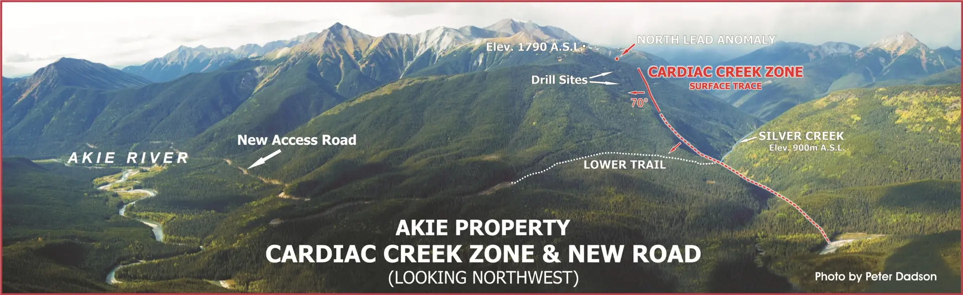 Aerial view of the Akie property showing the Cardiac Creek Zone surface trace, drill sites, new access road, and Akie River, looking northwest