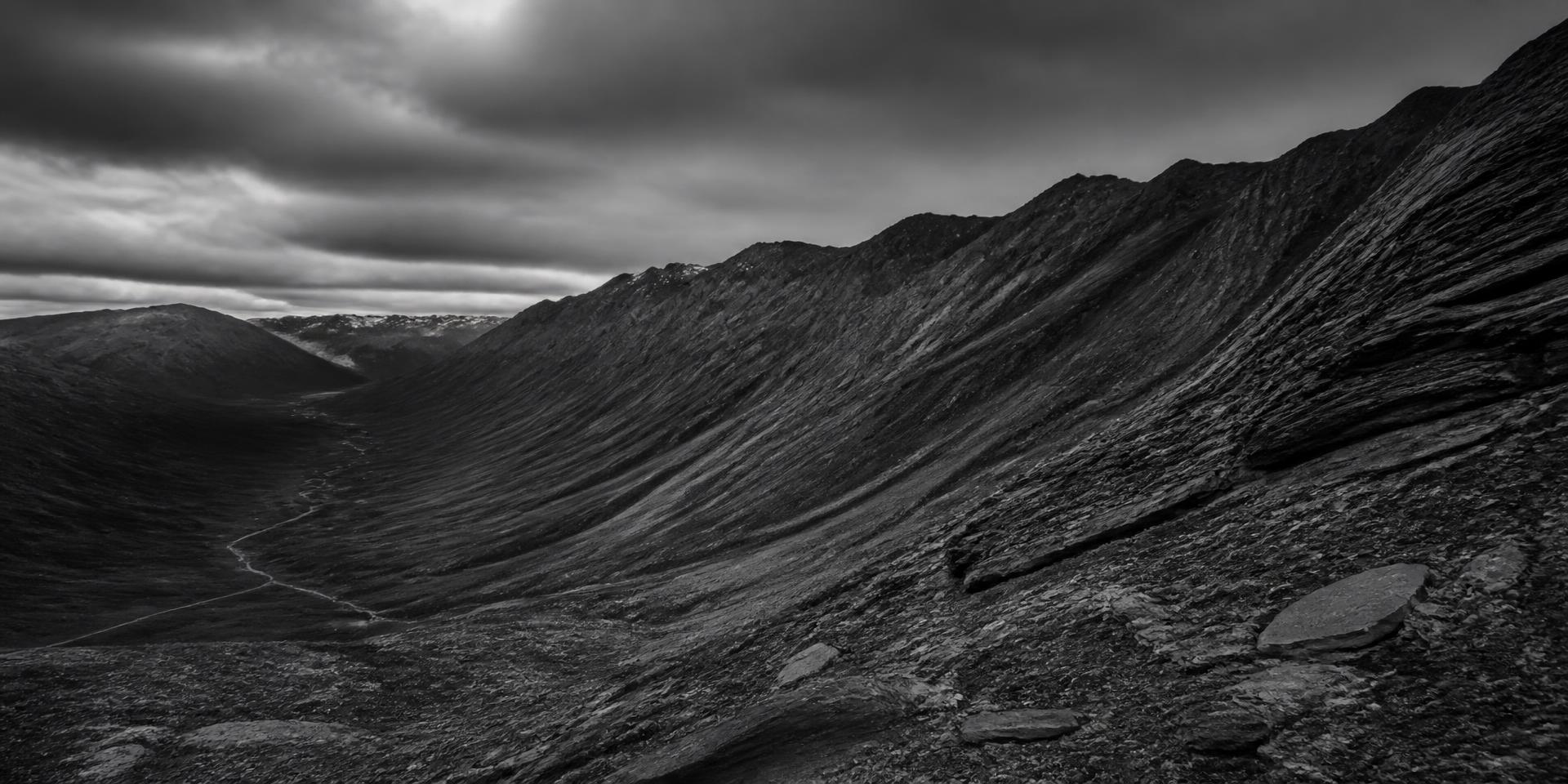 Layered mountain geology in northern British Columbia